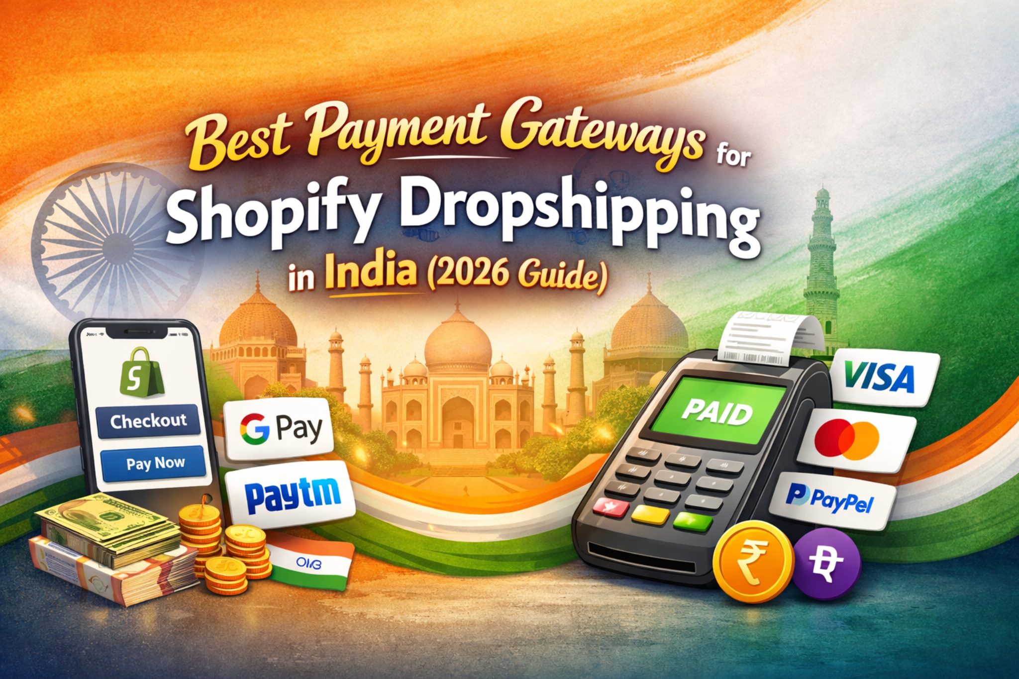 Best payment gateways for Shopify dropshipping in India showing UPI, Paytm, GPay, Visa and card payments (2026 guide)