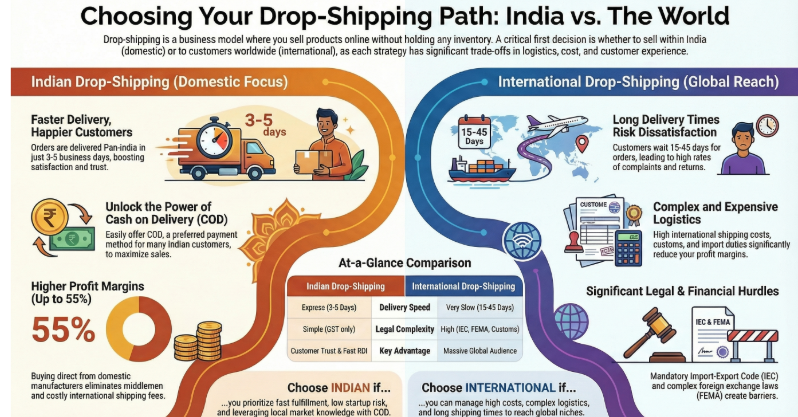 Infographic comparing Indian dropshipping and international dropshipping, highlighting delivery speed, profit margins, COD benefits, global reach, legal complexity, and shipping timelines.