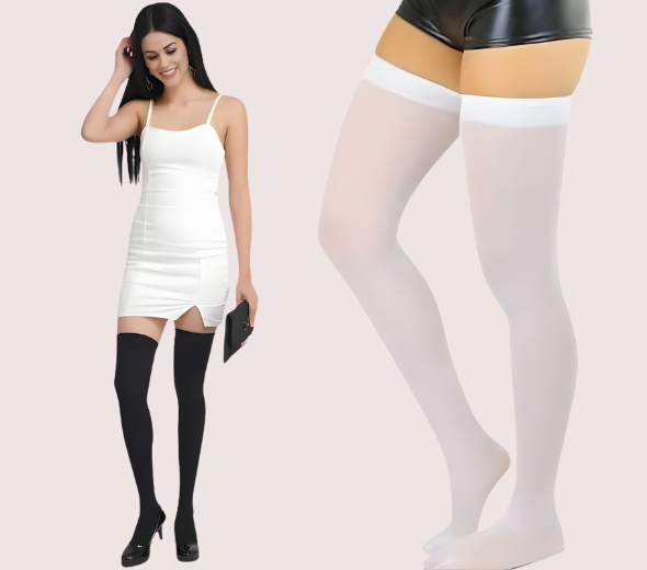 Dropship Classic Opaque Thigh-High Stockings Pack of 2 – Black & White Stay-Up Hosiery