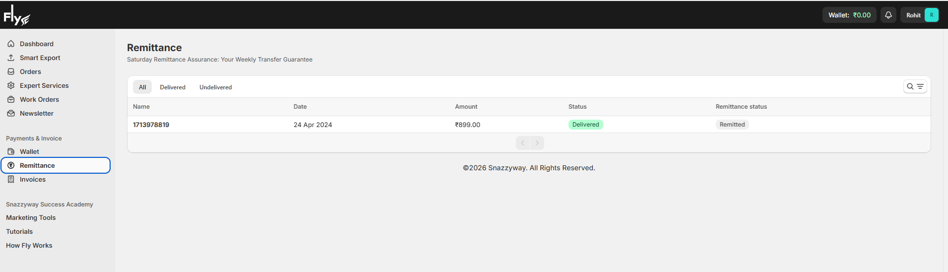 Fly dropshipping remittance dashboard showing delivered order amount and remittance status
