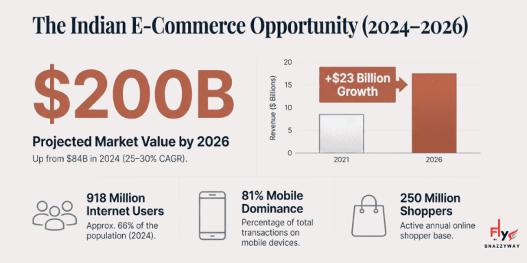 Indian e-commerce opportunity showing $200B projected market value by 2026, mobile-first growth, and rising online shoppers in India