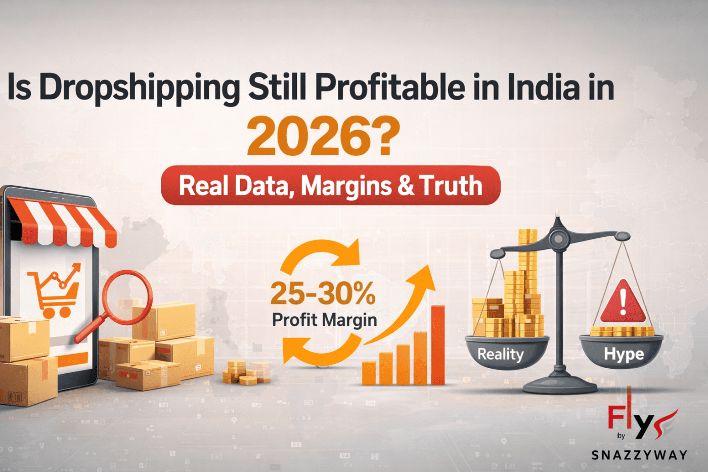 Hero banner showing dropshipping profitability in India 2026 with 25–30% margins, reality vs hype comparison, and ecommerce growth visuals