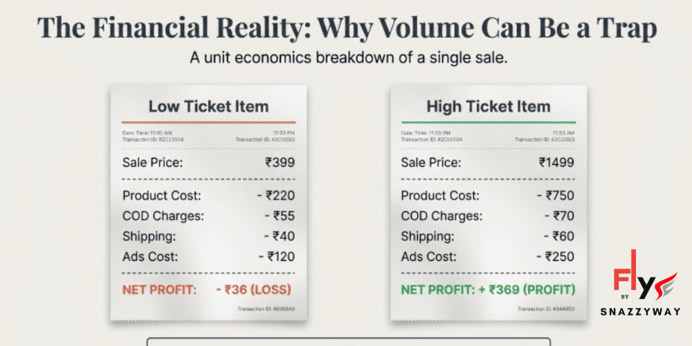 Infographic showing the financial reality of low ticket versus high ticket clothing dropshipping in India, comparing unit economics where a ₹399 product results in loss while a ₹1499 product generates higher net profit after costs.