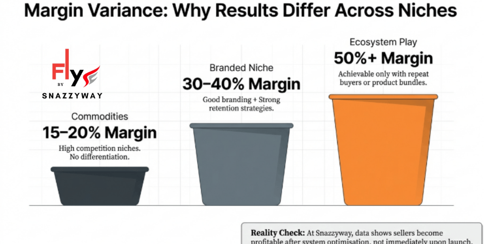 Dropshipping margin comparison across niches showing commodities at 15&ndash;20%, branded niches at 30&ndash;40%, and ecosystem brands at 50%+ margins