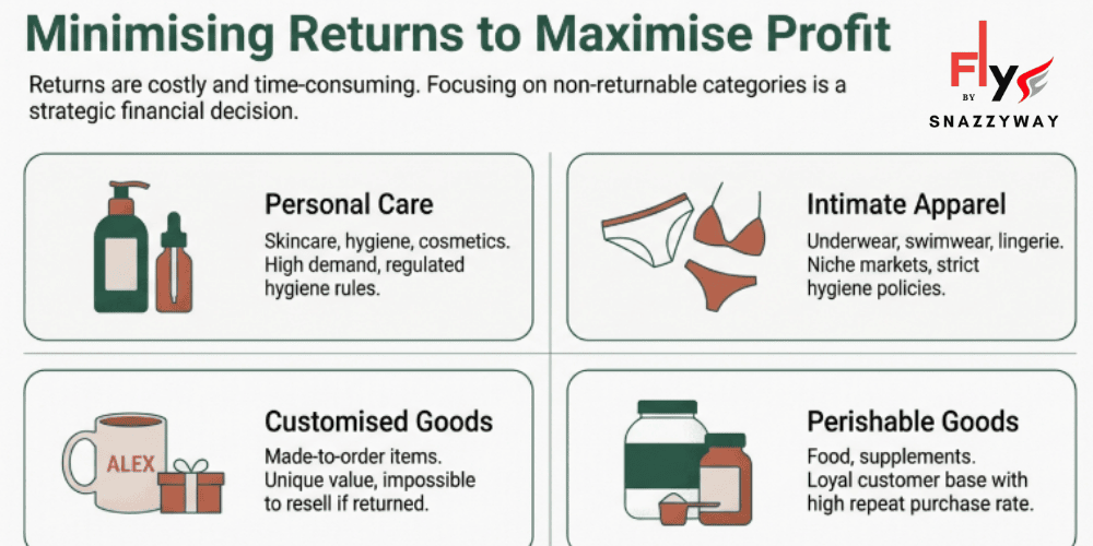 Non-returnable product categories in dropshipping including personal care, intimate apparel, customised goods, and perishable items to reduce returns and increase profit
