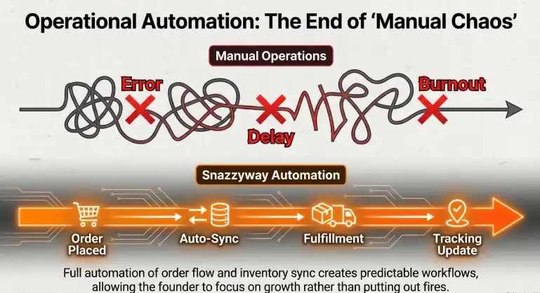 Comparison of manual operations causing errors and burnout versus automated order flow with auto-sync, fulfillment, and tracking updates