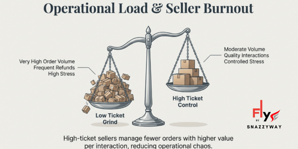 Illustration comparing operational load and seller burnout in clothing dropshipping, showing low-ticket high-volume orders causing stress and refunds versus high-ticket controlled volume with better operational balance