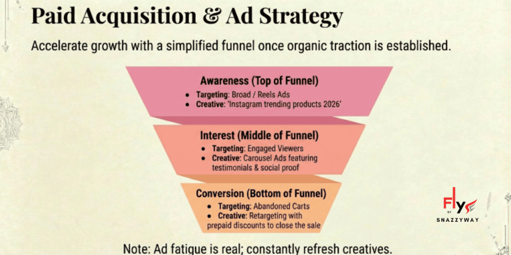 Infographic showing Instagram paid ads funnel for dropshipping, covering awareness, interest, and conversion stages with reels ads, retargeting, and prepaid offers