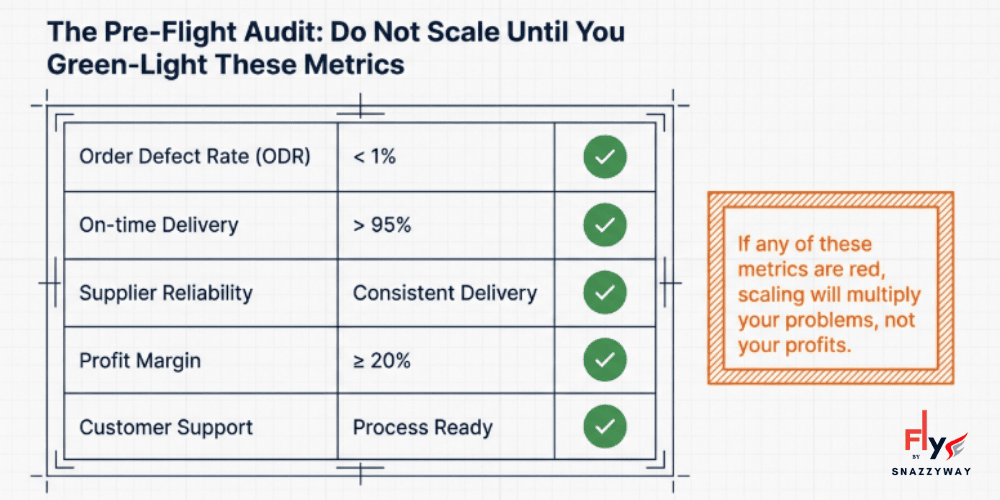 Pre-flight audit checklist showing key dropshipping scaling metrics including order defect rate under 1 percent, on-time delivery above 95 percent, supplier reliability, profit margin over 20 percent, and customer support readiness.