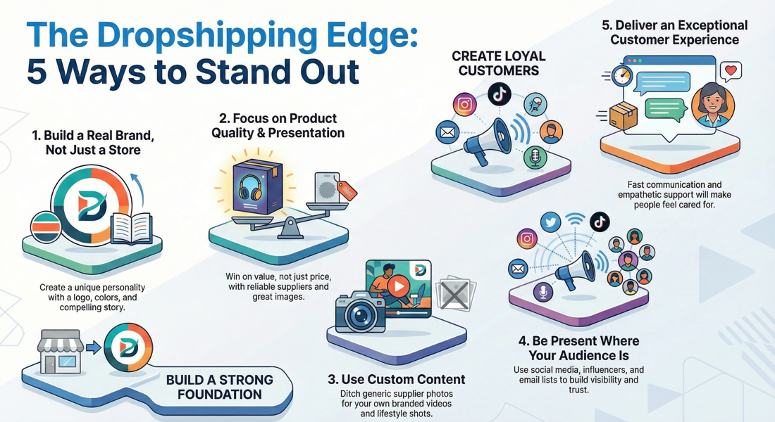 Infographic showing five ways to stand out in dropshipping, including building a brand, focusing on product quality, using custom content, being present on social media, and delivering excellent customer experience