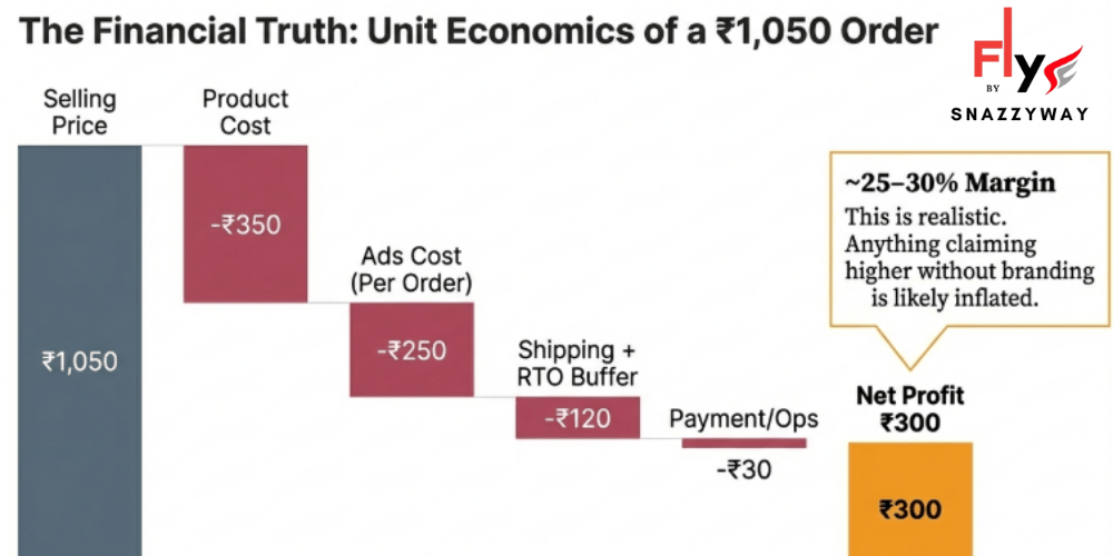 Unit economics breakdown of a ₹1050 dropshipping order showing product cost, ads cost, shipping, payment fees, and ₹300 net profit