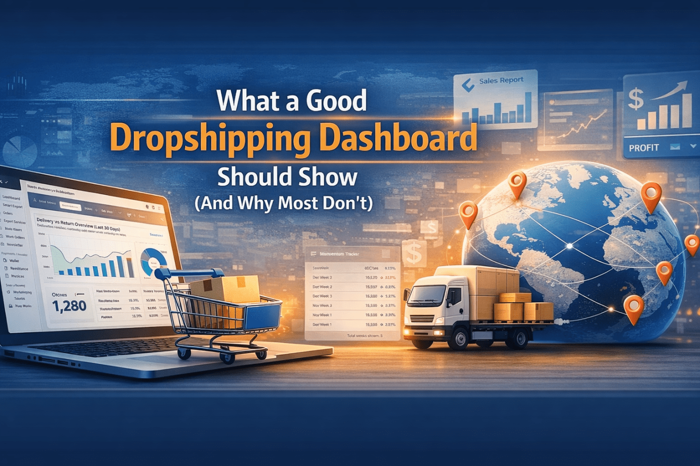 Dropshipping dashboard visual showing sales reports, order tracking, profit growth, and global product deliveries