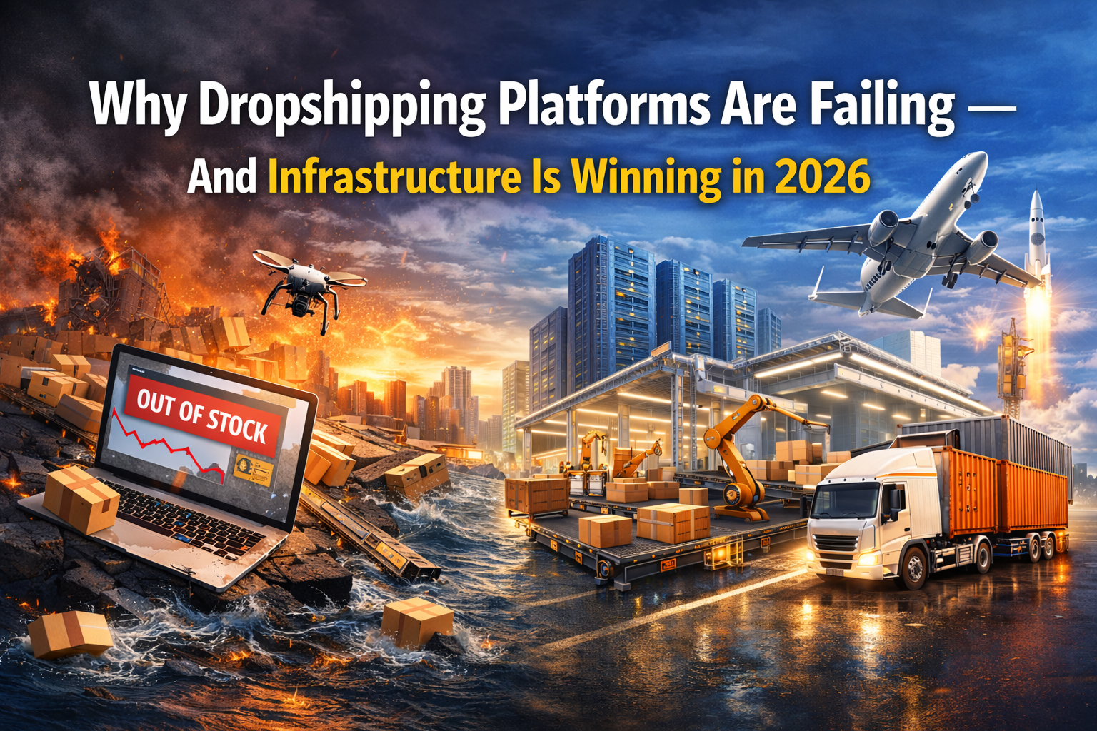Comparison showing failing dropshipping platforms with stock shortages versus modern logistics infrastructure succeeding in 2026