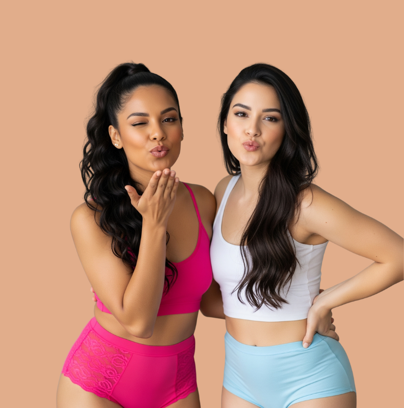 Two women wearing premium high-waist panties in pink and pastel blue, showcasing comfort-fit lingerie designed for everyday wear and dropshipping.