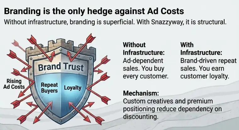 Illustration showing brand trust acting as a shield against rising ad costs through repeat buyers and customer loyalty with strong infrastructure