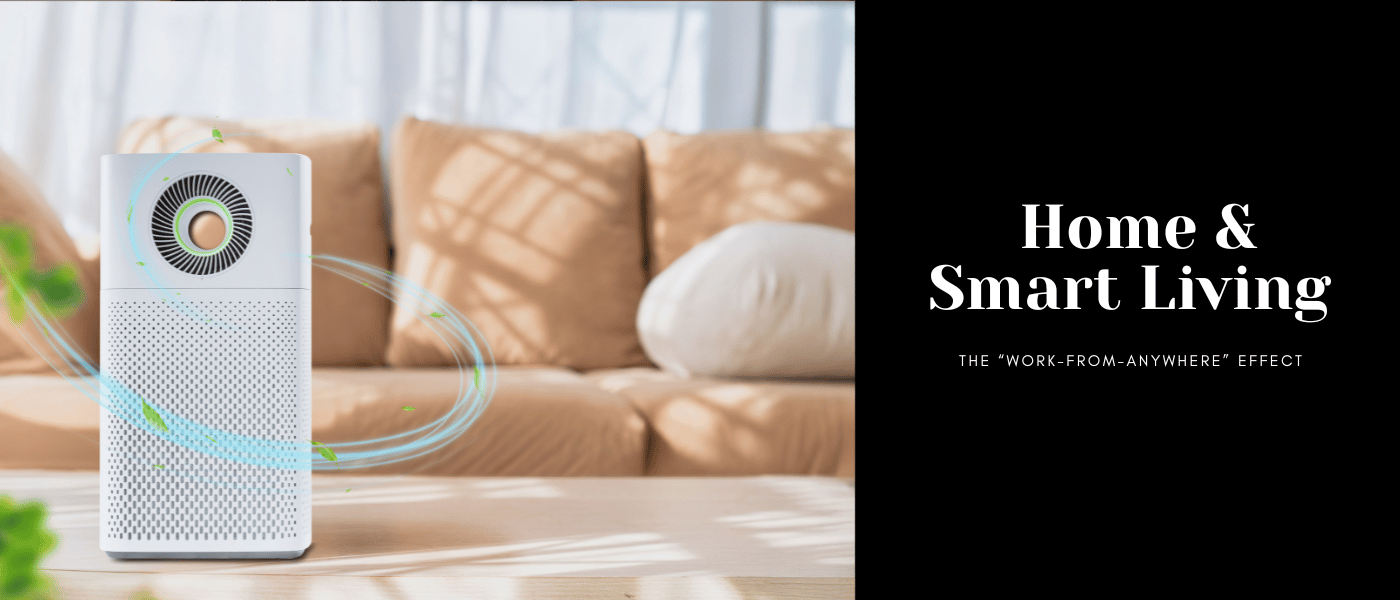 Home and Smart Living dropshipping banner featuring a modern air purifier in a living room, highlighting the work-from-anywhere trend.