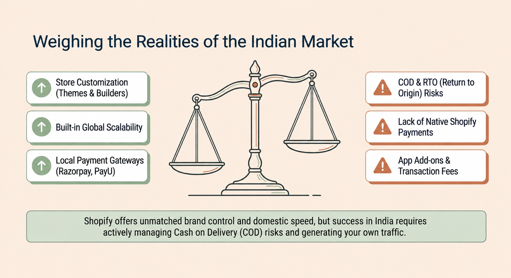 Shopify dropshipping in India: infographic comparing store customization, scalability and local payment gateways with COD and RTO risks, payment limitations and app transaction fees.