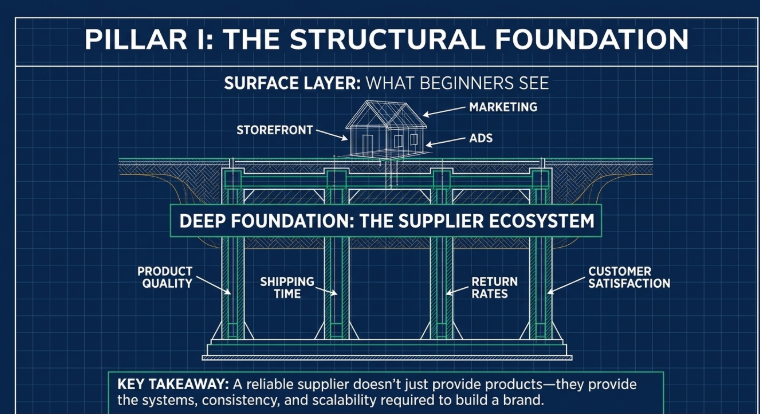 Dropshipping foundation diagram showing surface layer marketing and storefront vs deep supplier ecosystem including product quality, shipping time, returns, and customer satisfaction