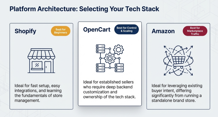 Comparison of ecommerce platforms for dropshipping showing Shopify for beginners, OpenCart for control and scaling, and Amazon for marketplace traffic