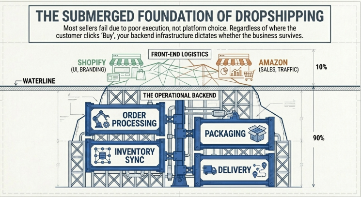 Infographic titled “The Submerged Foundation of Dropshipping” illustrating an iceberg model. Above the waterline (10%) are front-end elements like Shopify (UI, branding) and Amazon (sales, traffic). Below the waterline (90%) is the operational backend, including order processing, inventory sync, packaging, and delivery—emphasizing that backend infrastructure is the critical factor for business success.