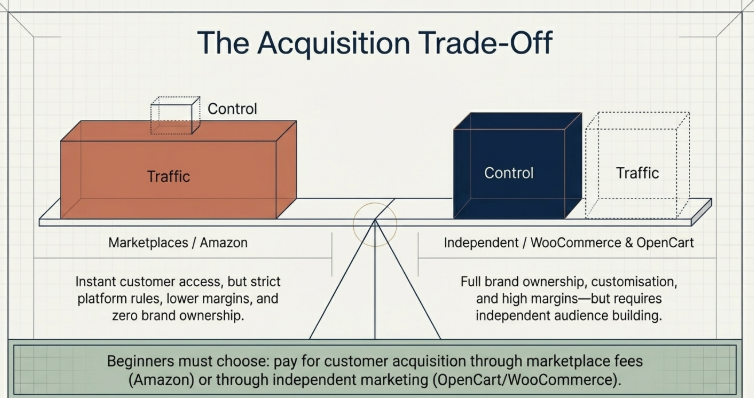 Diagram comparing dropshipping models showing marketplace traffic with low control versus independent platforms with higher control and brand ownership
