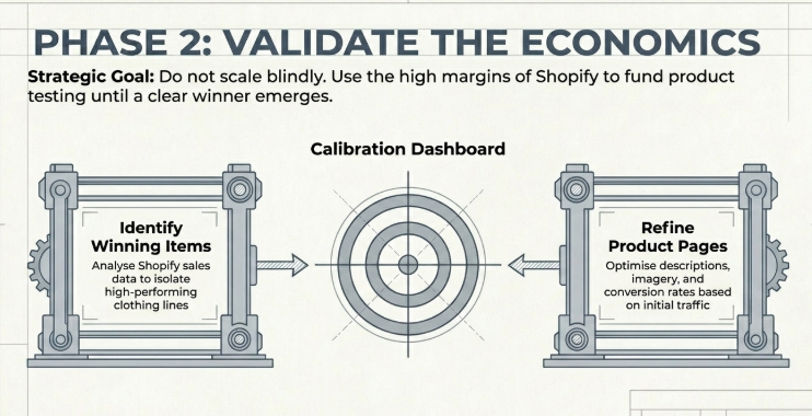 Infographic titled “Phase 2: Validate the Economics” focusing on data-driven product validation. It highlights a strategic goal of using Shopify’s higher margins to fund testing rather than scaling blindly. The visual shows a calibration dashboard in the center, with two key actions: identifying winning items by analyzing Shopify sales data to isolate high-performing products, and refining product pages by optimizing descriptions, imagery, and conversion rates based on initial traffic.