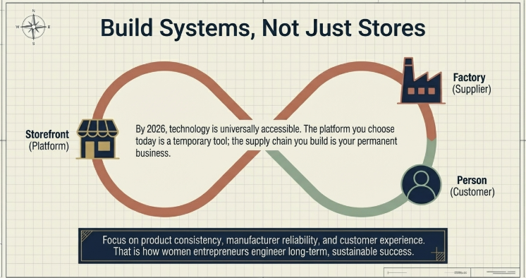 Illustration showing dropshipping system connecting platform, supplier, and customer emphasizing building supply chain systems over just ecommerce stores