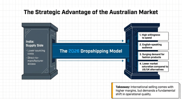 Diagram showing strategic advantage of Australian market for Indian dropshipping sellers with high spending and demand