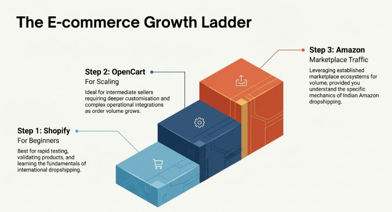 Diagram showing ecommerce growth ladder from Shopify for beginners to OpenCart for scaling and Amazon for marketplace traffic in dropshipping
