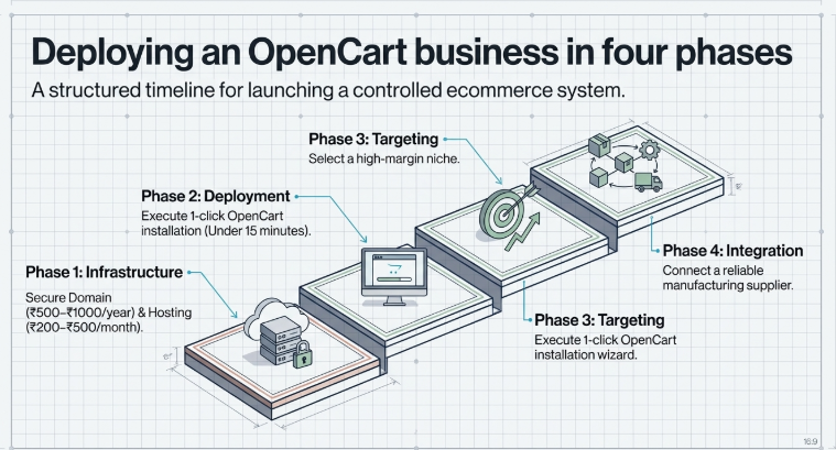 Diagram showing four phases of OpenCart business setup including infrastructure, deployment, targeting, and supplier integration