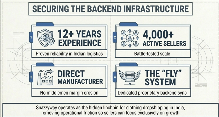 Infographic titled “Securing the Backend Infrastructure” highlighting four key strengths: 12+ years of experience in Indian logistics, 4,000+ active sellers indicating proven scale, a direct manufacturer model eliminating middlemen, and the “Fly” system for dedicated proprietary backend synchronization