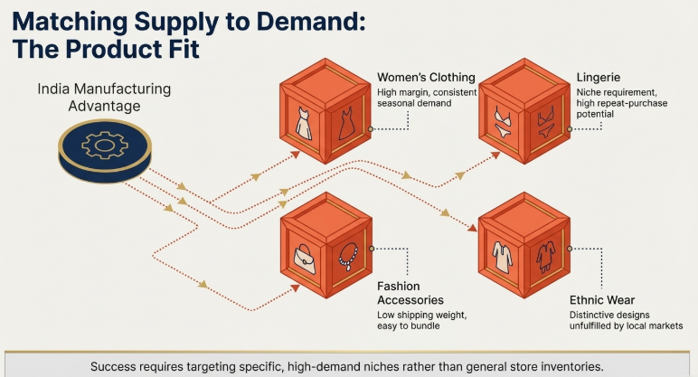 Diagram showing product fit for dropshipping including women clothing, lingerie, fashion accessories, and ethnic wear supported by India manufacturing advantage