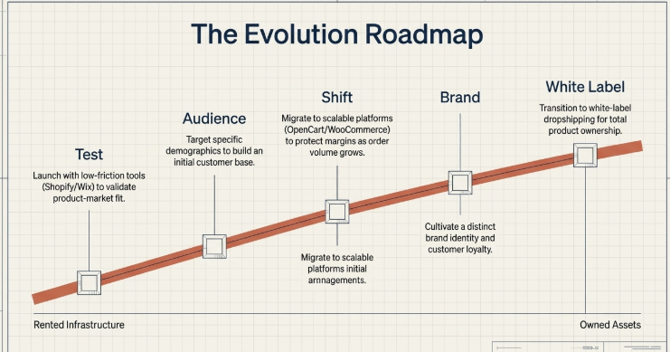 Roadmap showing stages of dropshipping growth from testing and audience building to scaling, branding, and white label ownership