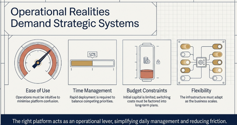 Diagram showing operational factors in dropshipping including ease of use, time management, budget constraints, and flexibility for scaling ecommerce businesses