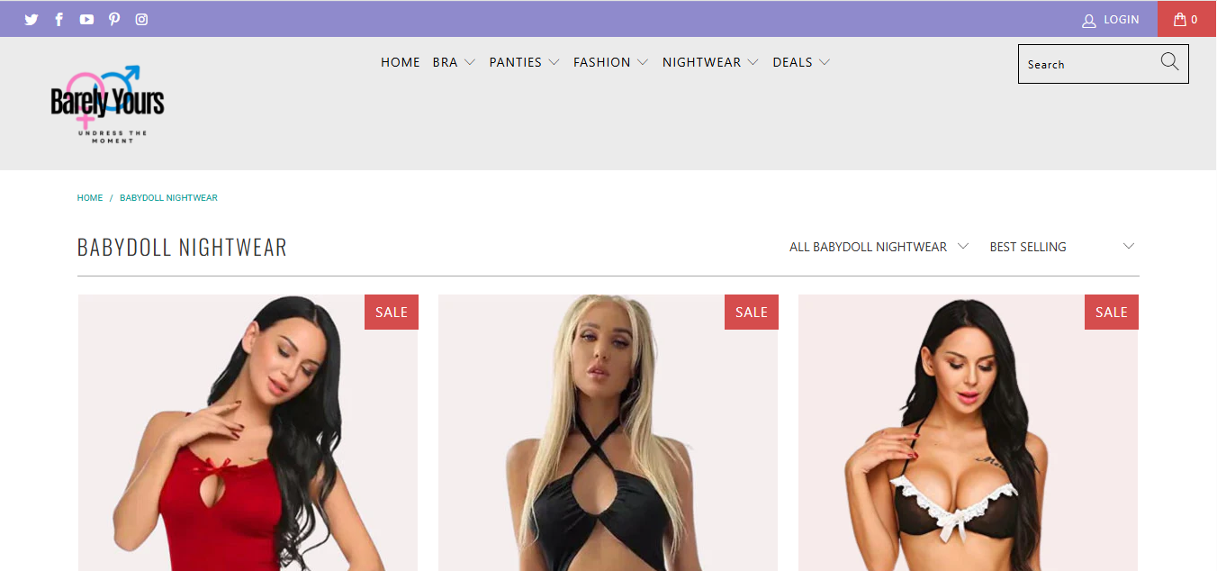 Barely Yours babydoll nightwear collection page featuring premium women’s lingerie products