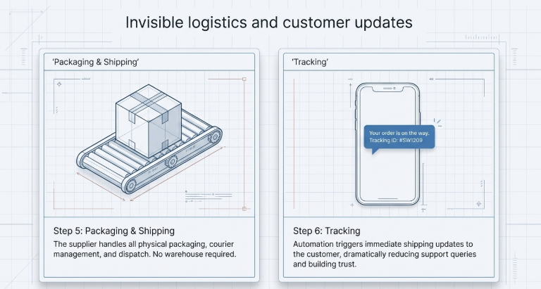 Invisible logistics and customer updates diagram showing Step 5 (Packaging & Shipping) handled by the supplier with no warehouse needed, and Step 6 (Tracking) where automated updates notify customers in real time, reducing support queries and building trust.