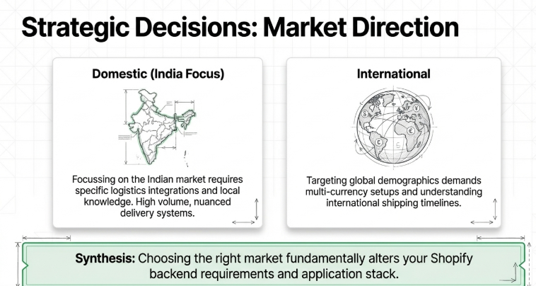 Comparison graphic showing domestic India focused dropshipping versus international market strategy including logistics, currency setup, and global shipping considerations