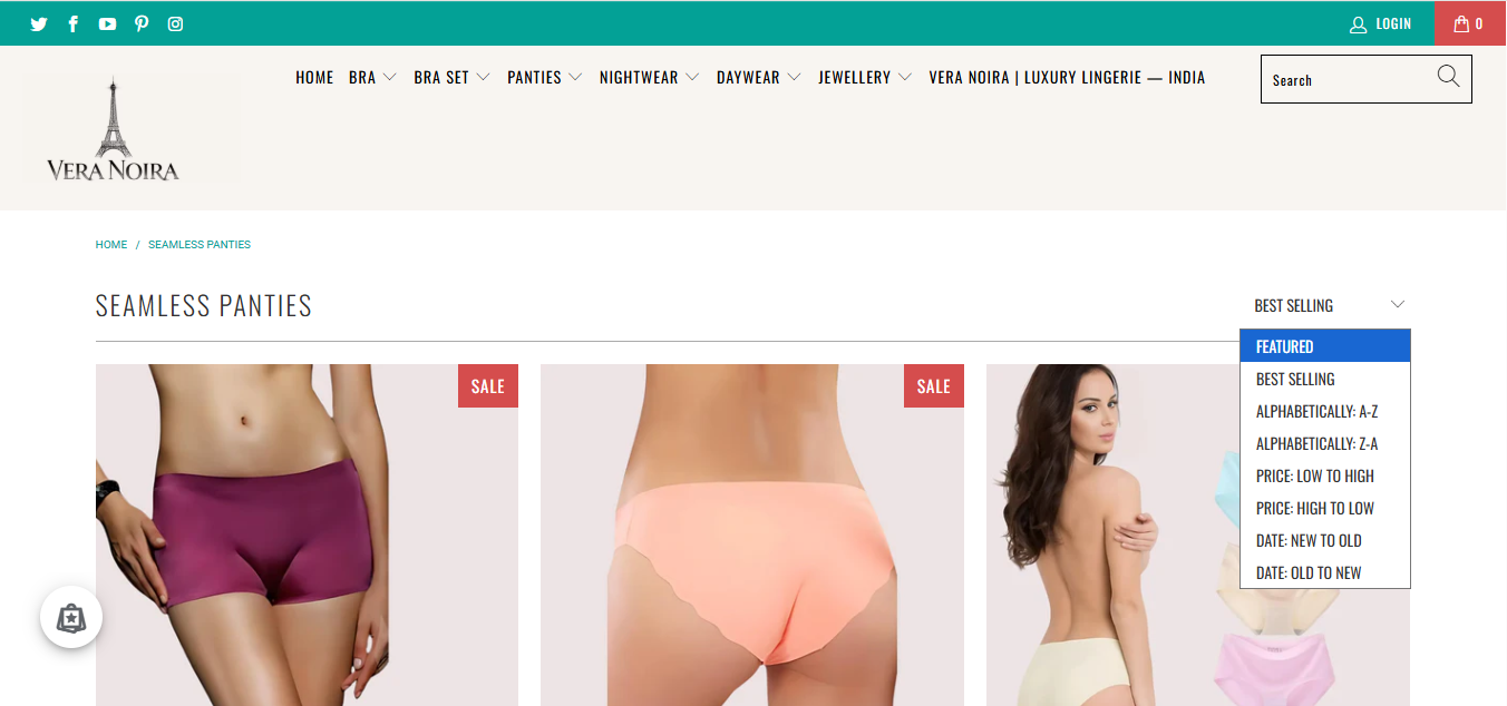 Veranoira seamless panties collection page showcasing premium lingerie products for women