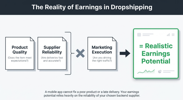 Diagram showing dropshipping earnings depend on product quality, supplier reliability, and marketing execution leading to realistic earning potential