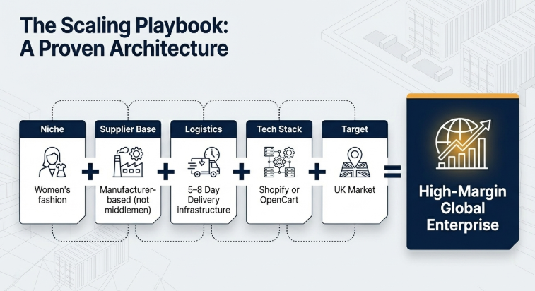 Infographic showing dropshipping scaling playbook including niche selection, manufacturer-based suppliers, logistics setup, tech stack, and targeting UK market for high-margin business
