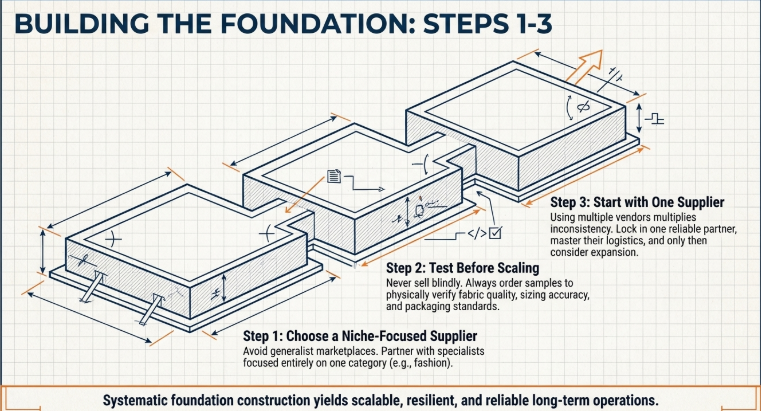 Infographic showing steps to build a dropshipping foundation including choosing a niche-focused supplier, testing product quality, and starting with one reliable supplier before scaling