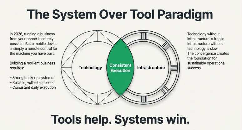 Diagram showing dropshipping success based on technology, infrastructure, and consistent execution emphasizing systems over tools