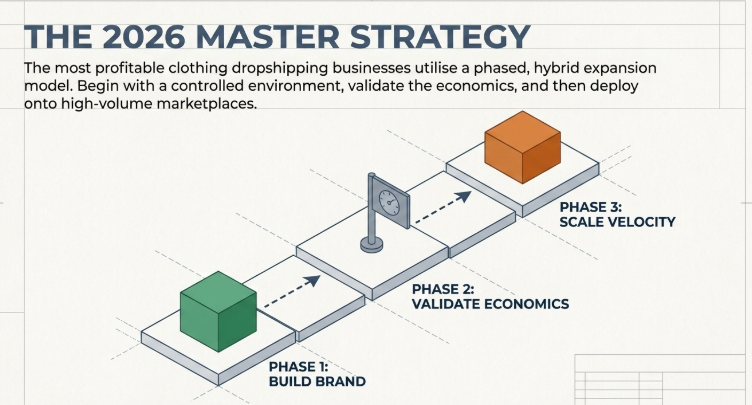 Infographic titled “The 2026 Master Strategy” showing a three-phase dropshipping growth model: Phase 1 focuses on building a brand in a controlled environment, Phase 2 emphasizes validating unit economics, and Phase 3 highlights scaling velocity onto high-volume marketplaces. A step-like pathway with arrows connects each phase, illustrating a structured progression.