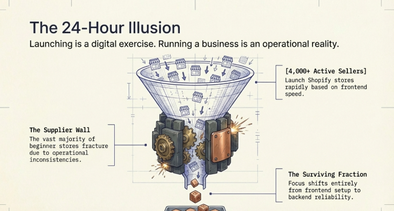 Illustration showing dropshipping funnel highlighting the gap between fast Shopify store setup and real business success driven by supplier reliability and backend systems