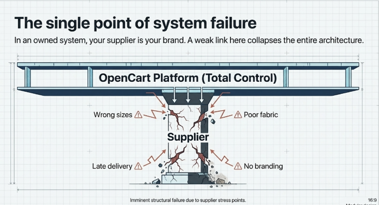 Diagram showing supplier as single point of failure in OpenCart with issues like wrong sizes, poor fabric, late delivery, and no branding