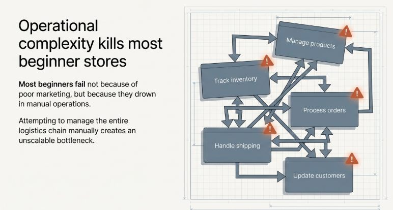 Operational complexity diagram showing interconnected tasks—manage products, track inventory, process orders, handle shipping, and update customers—with warning icons indicating bottlenecks and inefficiencies in manual store operations.