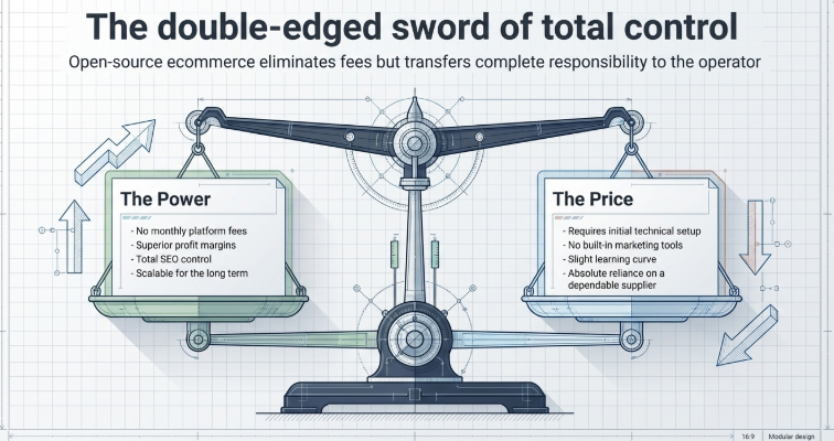 Balance scale diagram showing OpenCart advantages like no fees and SEO control versus challenges like setup and learning curve
