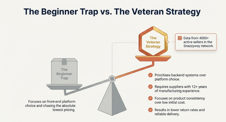 Comparison diagram showing beginner dropshipping mistakes versus veteran strategy focusing on supplier systems, product consistency, and long term scalability