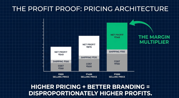 Dropshipping profit pricing chart showing how higher selling prices and branding increase margins, with cost, shipping, and net profit comparison at ₹999, ₹1499, and ₹1999