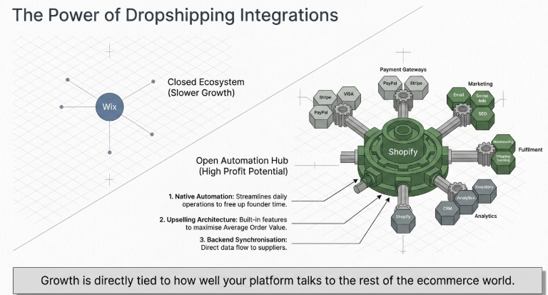 Diagram showing Shopify as an open automation hub with integrations like payments, marketing, and fulfillment compared to Wix closed ecosystem for dropshipping